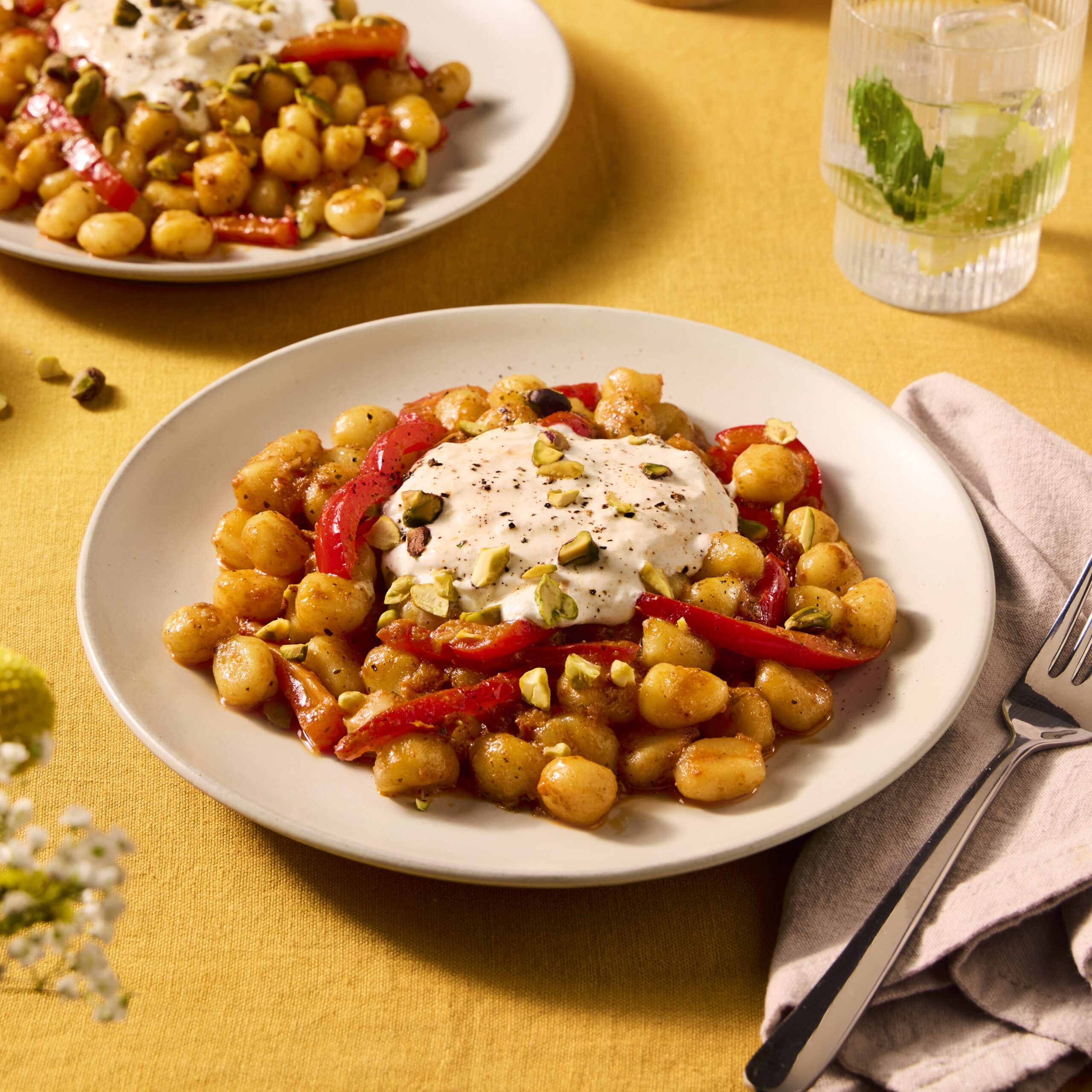 Mini Gnocchi met burrata, pistache pesto en geroosterde puntpaprika