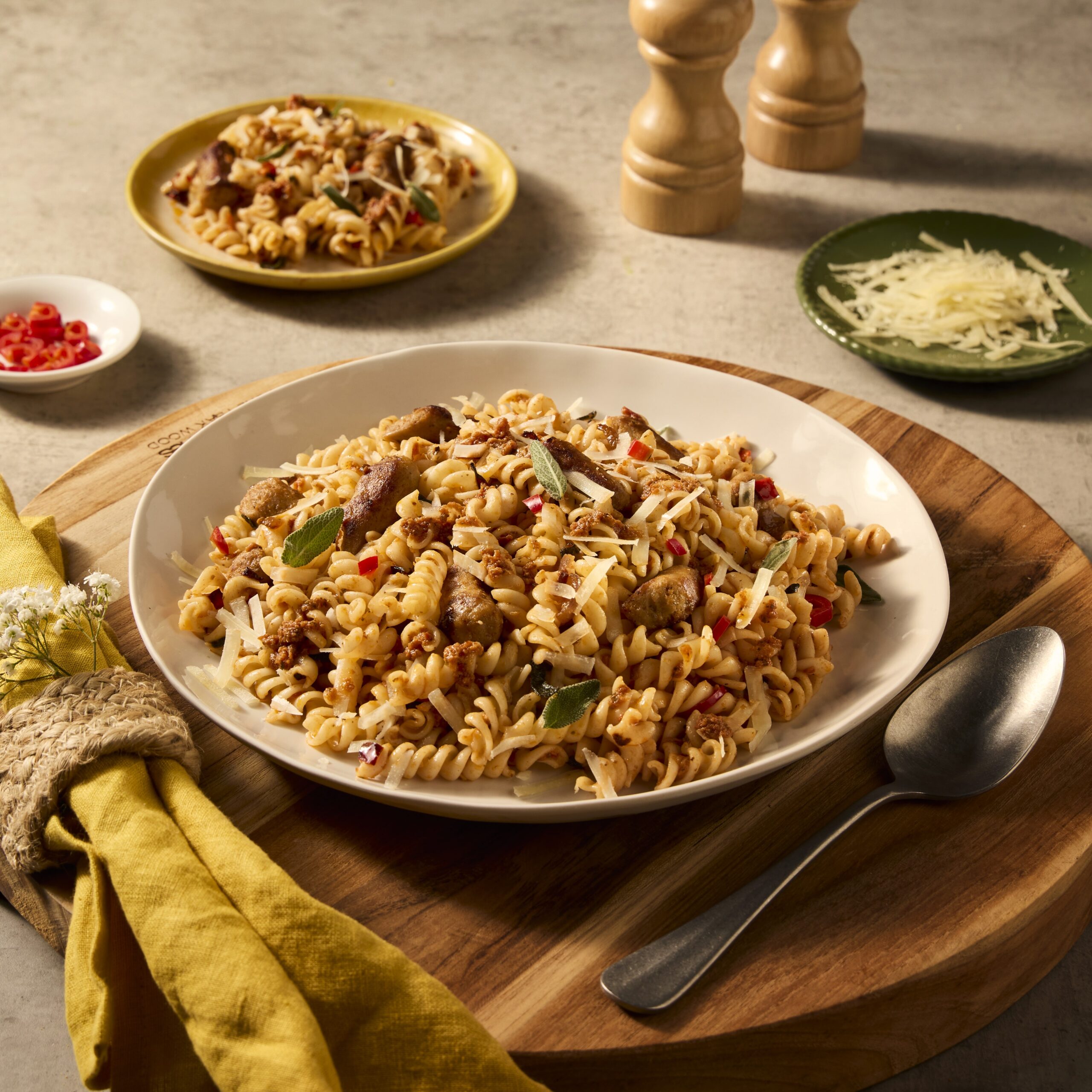 Fusilli met runderchipolata en Pesto Piccante