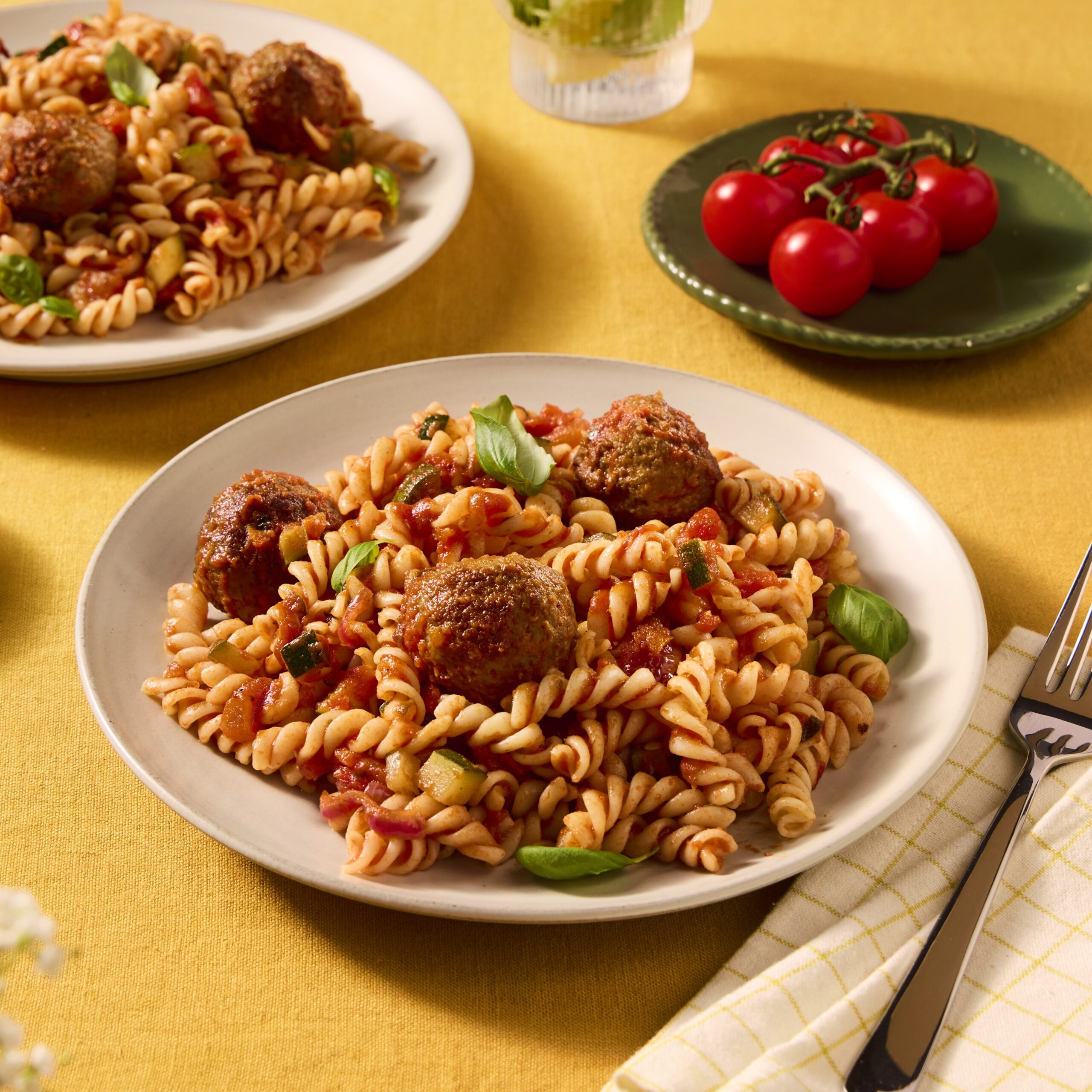 Pasta Basilico met gehaktballetjes en courgette