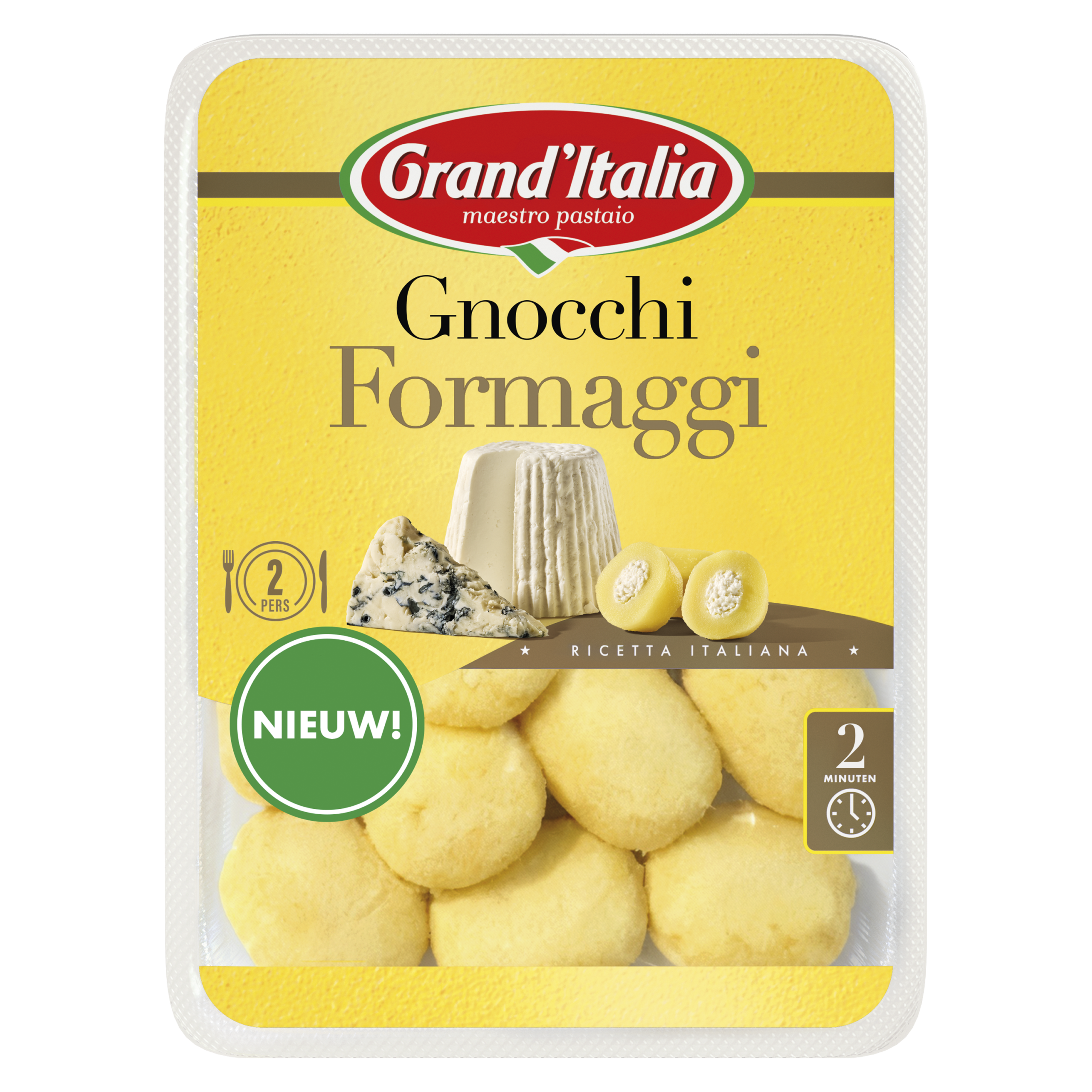 Afbeelding van de verpakking van Grand'Italia Gnocchi Formaggi, een gevulde gnocchi met ricotta en gorgonzola. Op de voorkant van de verpakking zijn de ingrediënten te zien, incl. het rode Grand'Italia logo. Er is een venster in de verpakking, waar doorheen je de gevulde gnocchi kunt zien.