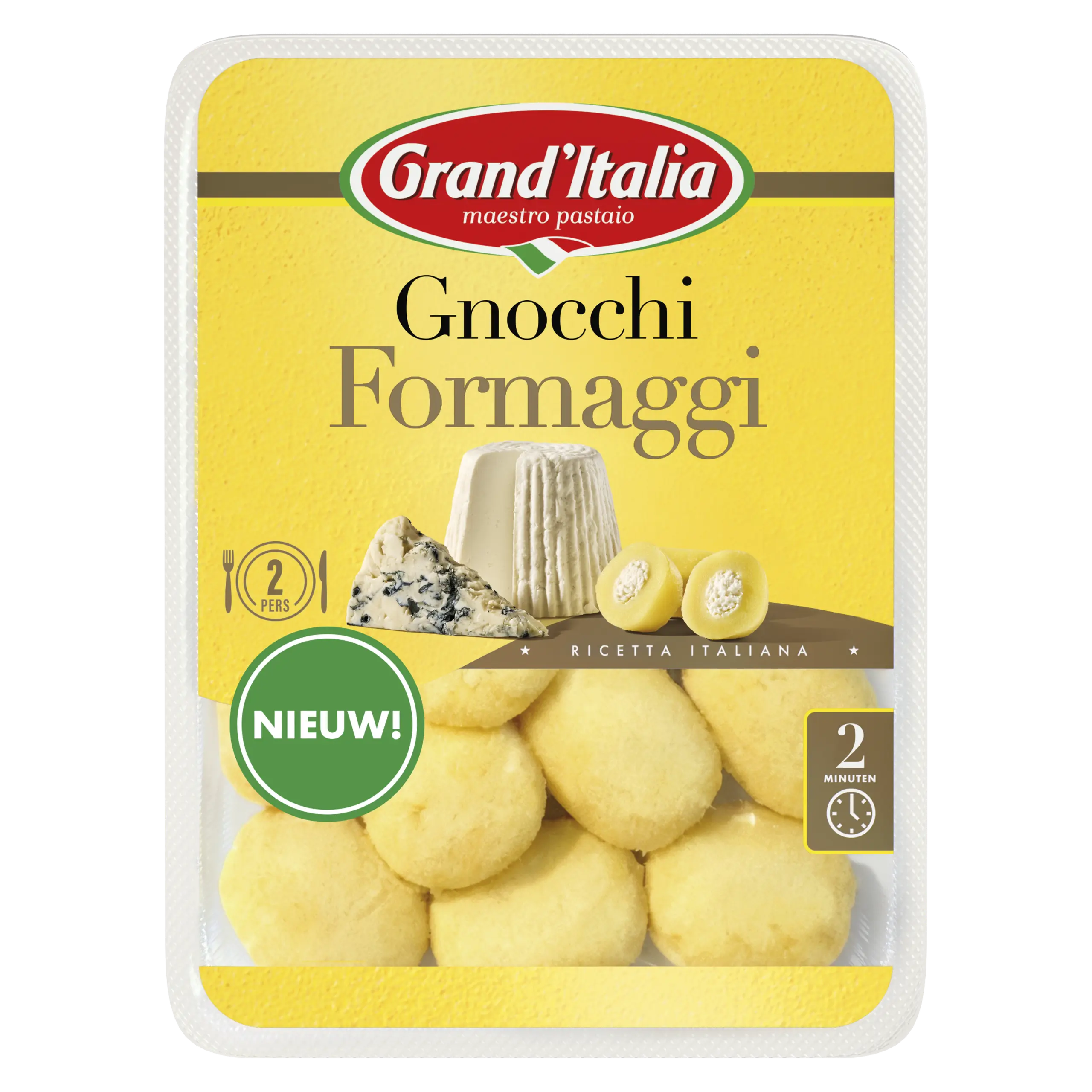 Afbeelding van de verpakking van Grand'Italia Gnocchi Formaggi, een gevulde gnocchi met ricotta en gorgonzola. Op de voorkant van de verpakking zijn de ingrediënten te zien, incl. het rode Grand'Italia logo. Er is een venster in de verpakking, waar doorheen je de gevulde gnocchi kunt zien.