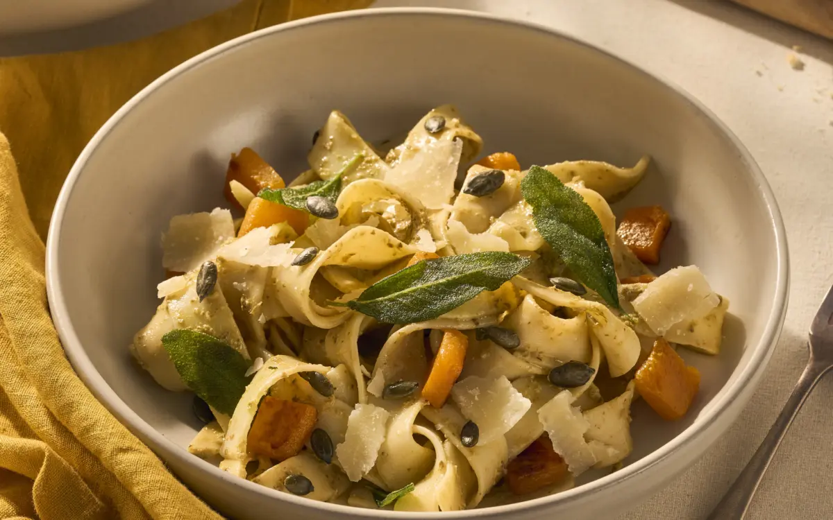 Op een gedekte tafel staat een bord met pappardelle. Het gerecht is aangekleed met geroosterde stukjes oranje pompoen en knapperige groene salieblaadjes. Naast het bord ligt een vork en een geel servet.