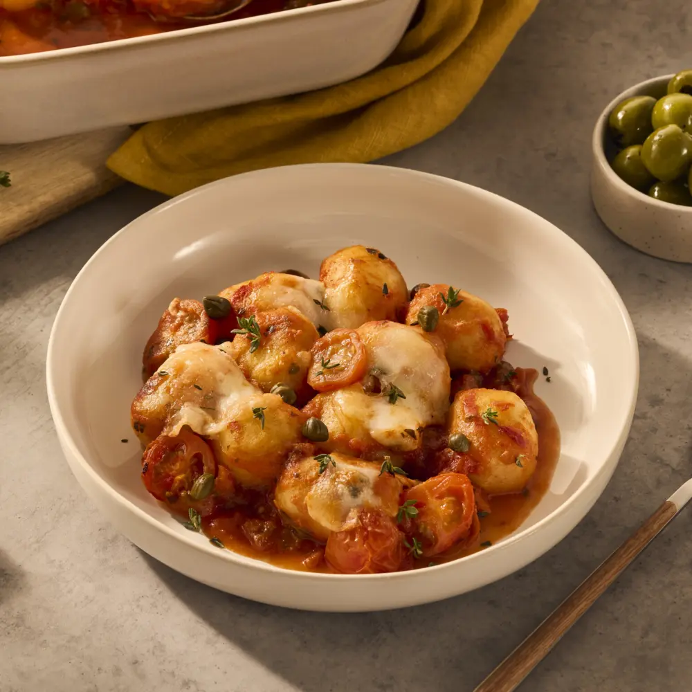 Een heerlijk gerecht in een wit diep bord, met gevulde gnocchi, dieprode tomatensaus en heerlijke mozzarella die over de gnocchi heen gesmolten is.