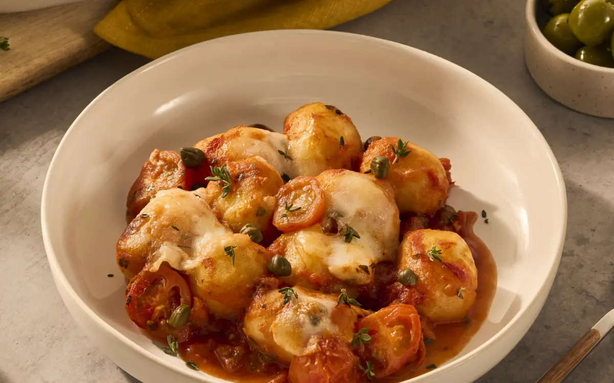 Een heerlijk gerecht in een wit diep bord, met gevulde gnocchi, dieprode tomatensaus en heerlijke mozzarella die over de gnocchi heen gesmolten is.