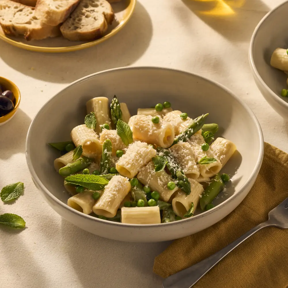 Je ziet een lekker bordje pasta, met kortere rigatoni (geribbelde holle buisjespasta) met een lichte romige carbonara saus. Tussen de pasta en de saus steken groene asperges uit, en bovenop de pasta ligt vers geraspte Parmezaanse kaas.