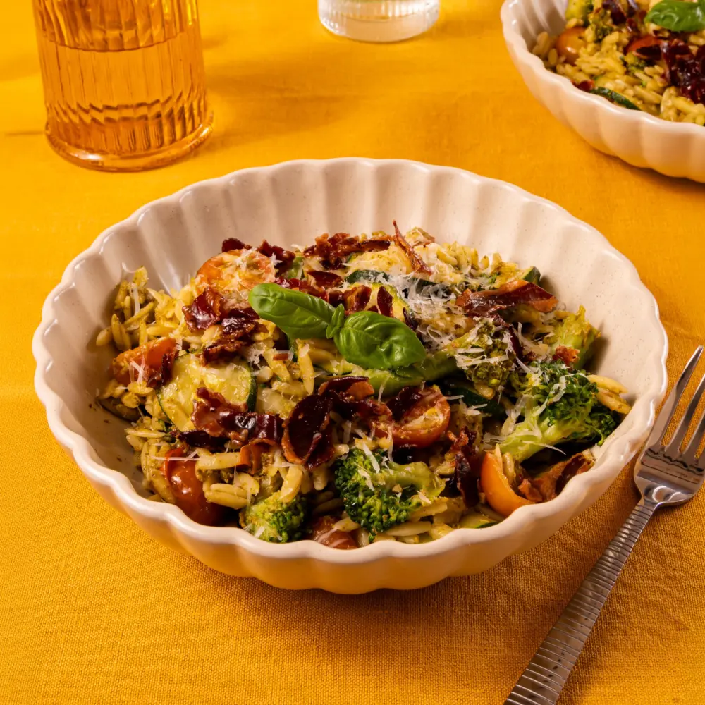 Recept orzo met pesto en crispy pancetta Grand'Italia